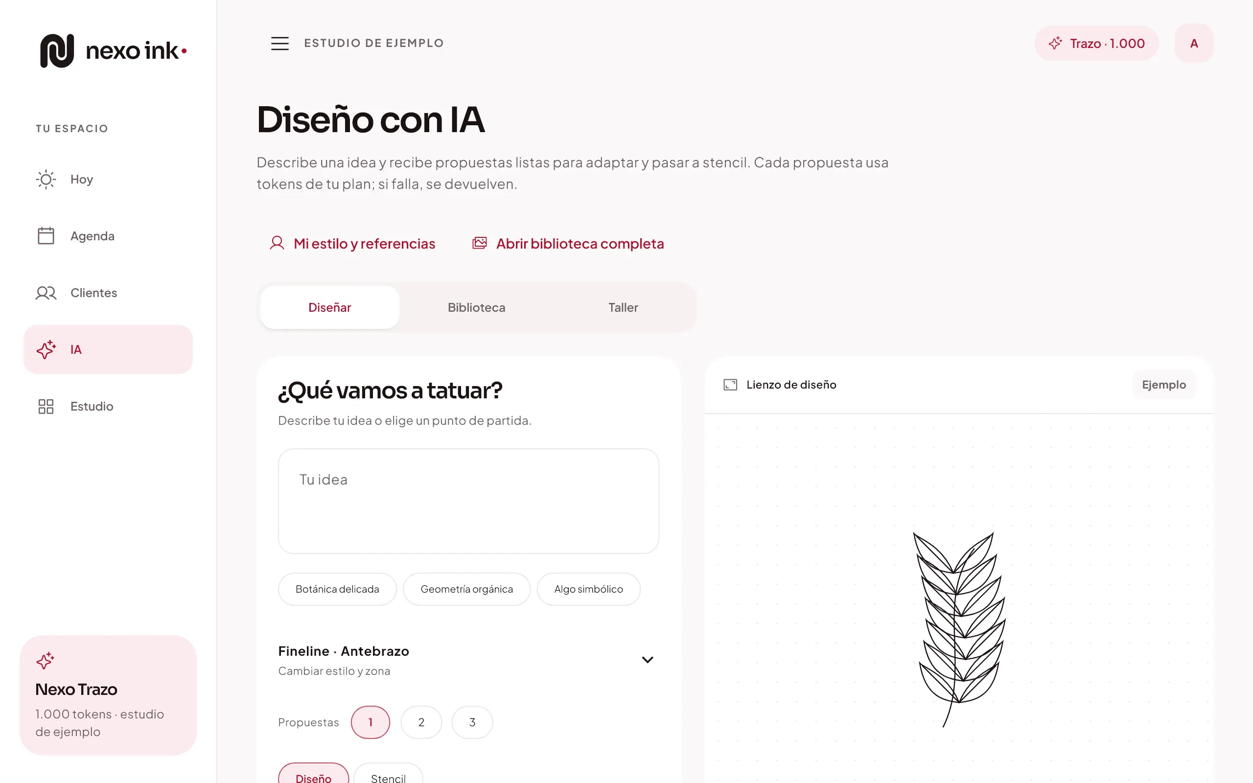 El diseño con IA de Nexo Ink: la idea a la izquierda y la propuesta en el lienzo.
